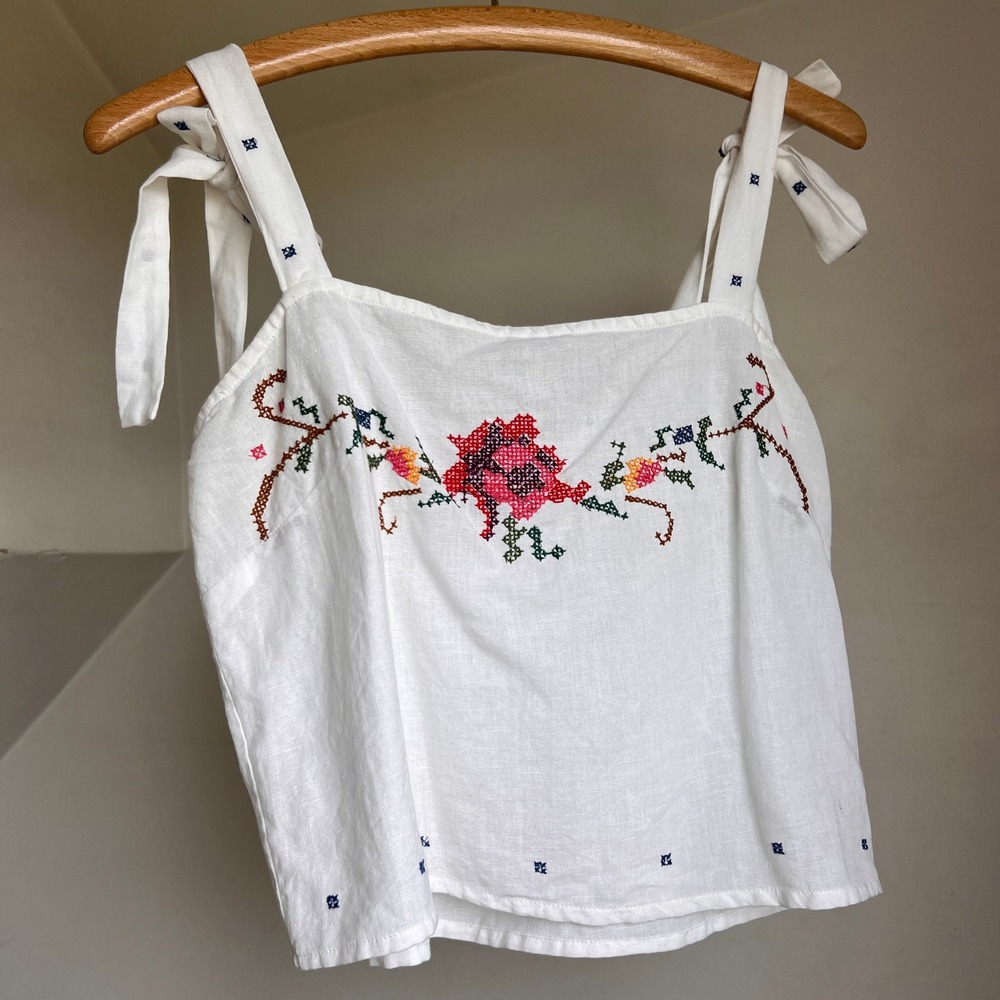 Berenice Tank Top Small White Floral Cross Stitch Embroidered Linen Boho Cottage